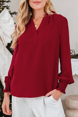 Burgundy Notched Neck Shirred Cuff  Blouse