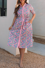 Pink Floral Puff Sleeve Shirred Waist-Tie Button-Front Midi Dress