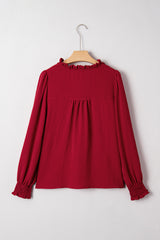 Burgundy Notched Neck Shirred Cuff  Blouse