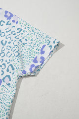 Light Blue Leopard Print V Neck short sleeve Blouse