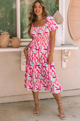 Pink Brush Stroke Printed Smocked Ruffle Tiered Midi Dress