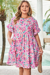 White Plus Size Floral Print Frilled Flare Mini Dress