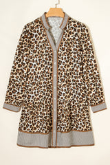 Brown Leopard Print Contrast Striped Long Sleeve Button Mini Dress