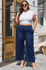 Real Teal Drawstring High Waist Wide Leg Plus Size Jeans