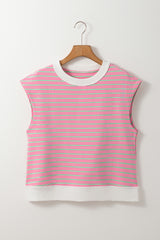 Sachet Pink Striped Crew Neck Cap Sleeve T Shirt