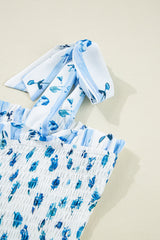 Sky Blue Floral Smocked A-Line Tiered Tied Straps Maxi Dress