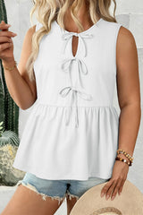 Solid Colour Bow-Tie Peplum Sleeveless Plus Size Top