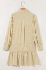 Brown Stripe Collared Neck Cuffed Long Sleeve Drop Waist Mini Dress