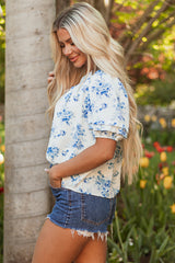 Blue Floral Tiered Puff Sleeve Pleated Bust Buttoned Blouse