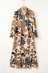White Abstract Print Contrast Collar Maxi Plus Size Dress