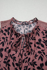 Brown Leaf Print Lace-up V Neck Crinkled Blouse