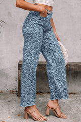 Leopard Frayed Hem Wide-Leg Jeans