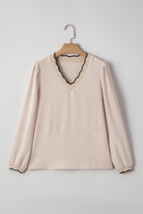 Jet Stream V-Neck Scallop Trim Long Sleeve Blouse