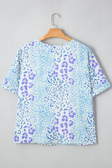 Light Blue Leopard Print V-Neck Plus Size Blouse