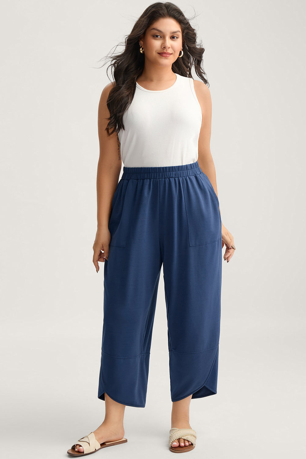 Black Elastic Waist Asymmetrical Hem Capri Plus Size Pants