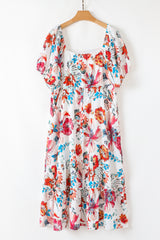 White Floral Puff Sleeve Square-Neck Plus Size Maxi Dress