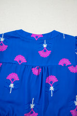 Blue Floral Print Notched Neck Butterfly Sleeve Shift Maxi Dress