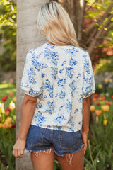 Blue Floral Tiered Puff Sleeve Pleated Bust Buttoned Blouse