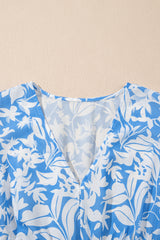 Sky Blue Floral V Neck Puff Short Sleeve Flowy Maxi Dress
