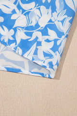 Sky Blue Floral V Neck Puff Short Sleeve Flowy Maxi Dress