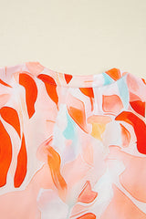 Orange Abstract Print Split Neck Long Sleeve Mini Dress