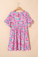 White Plus Size Floral Print Frilled Flare Mini Dress