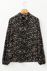 Leopard Lantern Sleeve Mock Neck Pleated Blouse