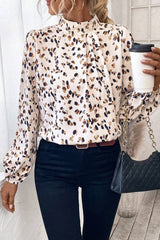 Leopard Lantern Sleeve Mock Neck Pleated Blouse