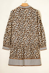 Brown Leopard Print Contrast Striped Long Sleeve Button Mini Dress