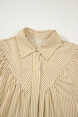 Brown Stripe Collared Neck Cuffed Long Sleeve Drop Waist Mini Dress