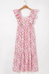 Floral Print Square Neck Ruffled Strap Maxi Dress