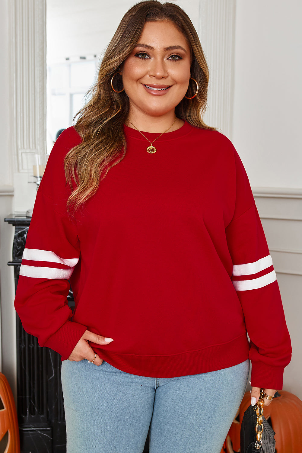 Striped Detail Crew Neck Plus Size Sweatshirt