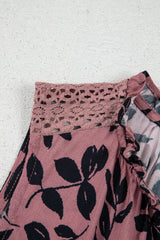 Brown Leaf Print Lace-up V Neck Crinkled Blouse