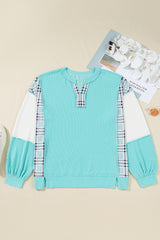 Aruba Blue Ribbed Colorblock Long Sleeve Plus Size Top