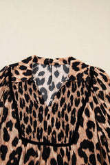 Brown Leopard Print Smocked Detail Flowy Midi Dress