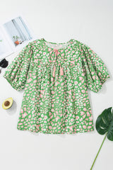 Green Floral Puff Sleeve Tassel Tie Plus Size Blouse