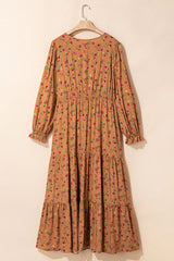 Brown Floral Tiered V-Neck Ruffled Sleeve Plus Size Maxi Dress