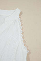 White Textured Lace Trim Pure Cotton Sleeveless Blouse