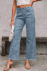 Leopard Frayed Hem Wide-Leg Jeans