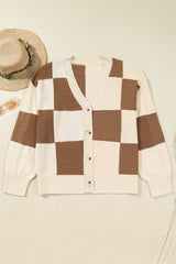 Khaki Checkered Ribbed Plus Size Cardigan