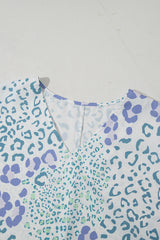 Light Blue Leopard Print V Neck short sleeve Blouse