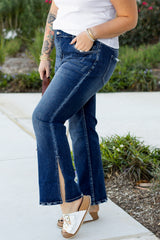 Dirty Blue Mid-Rise Waist Side Slits Flare Plus Size Jeans