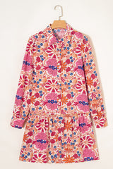 Red Fall Floral Print Collared Long Sleeve Mini Dress