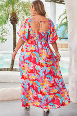 Rose Abstract Print Puff Sleeve Square-Neck Plus Size Maxi Dress