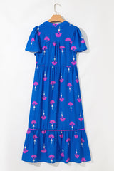 Blue Floral Print Notched Neck Butterfly Sleeve Shift Maxi Dress