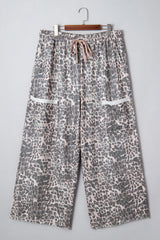 Khaki Leopard Print Raw Edge Patch Pocket Drawstring Plus Size Loose Pants