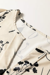 Khaki Floral Split Neck Long Sleeve Blouse
