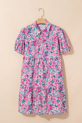 Pink Floral Collared Half Placket Mini Dress