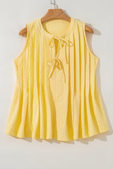 Yellow Cream Bow Tie Notched Neck Pleated Blouse