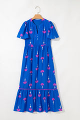 Blue Floral Print Notched Neck Butterfly Sleeve Shift Maxi Dress